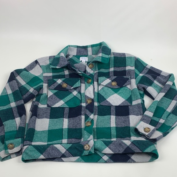 Time and Tru Green Navy Blue Gray Plaid Crop Shirt Jacket Button up Size Small - Picture 1 of 12